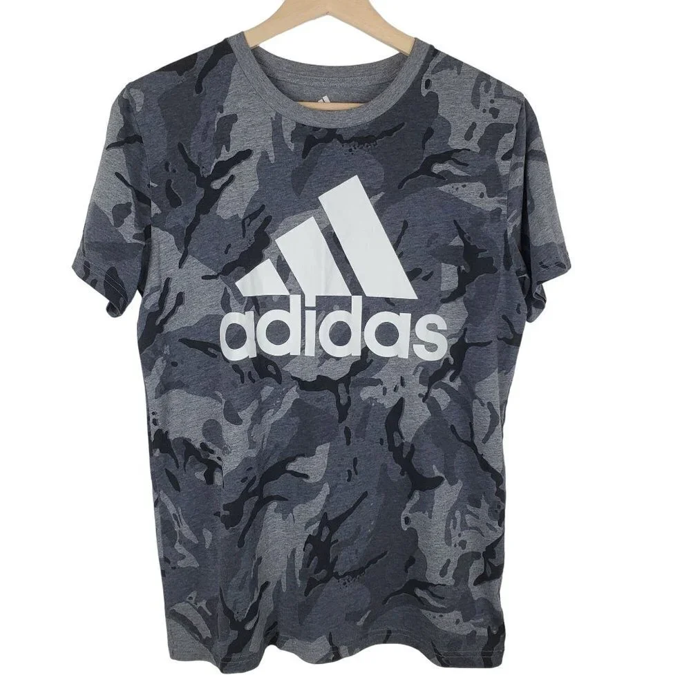 Adidas T-shirt Boys Large 14-16 Gray Camo Cotton Blend Short Sleeves‎